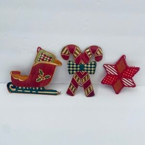 Set of 3 Woven Textured Christmas Ornaments Santa’s Sleigh Candy Canes Star